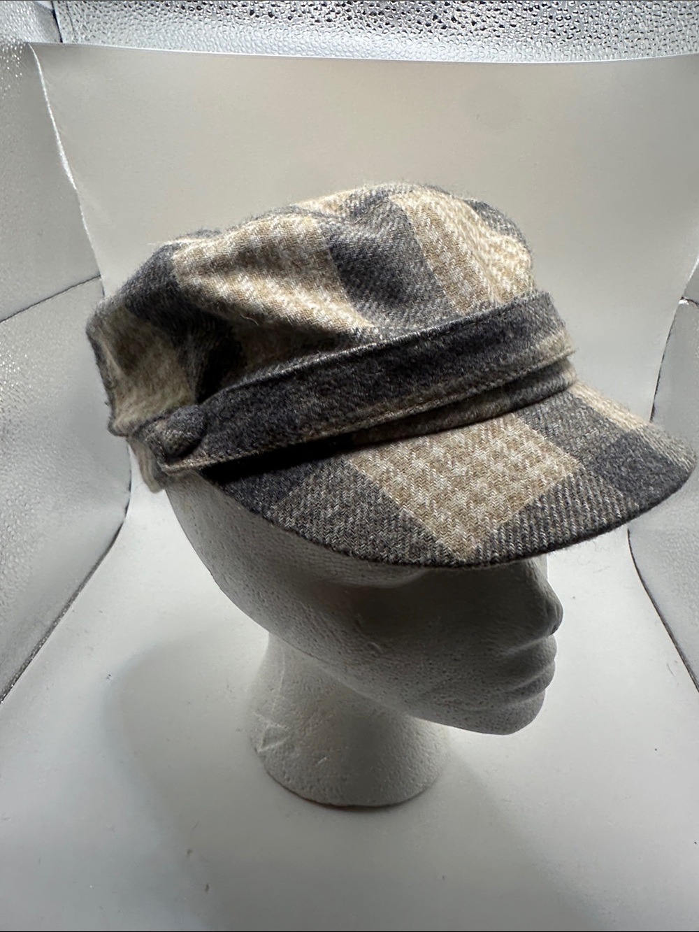 Wool Blend Plaid Cadet Cap in Gray and Cream